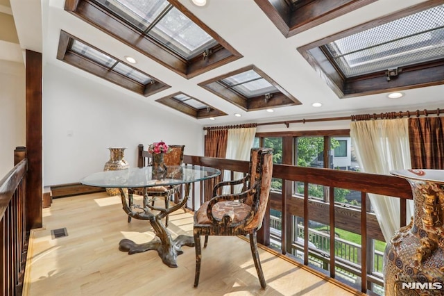 1060 Briar Way, Fort Lee, NJ 07024 - dining space with a skylight, wood finished floors, coffered ceiling, ornamental molding, and recessed lighting