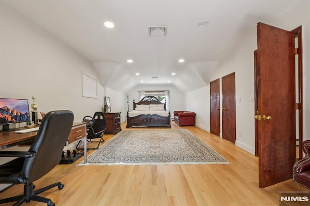 1060 Briar Way, Fort Lee, NJ 07024 - bedroom with lofted ceiling, light wood finished floors, an office area, and recessed lighting