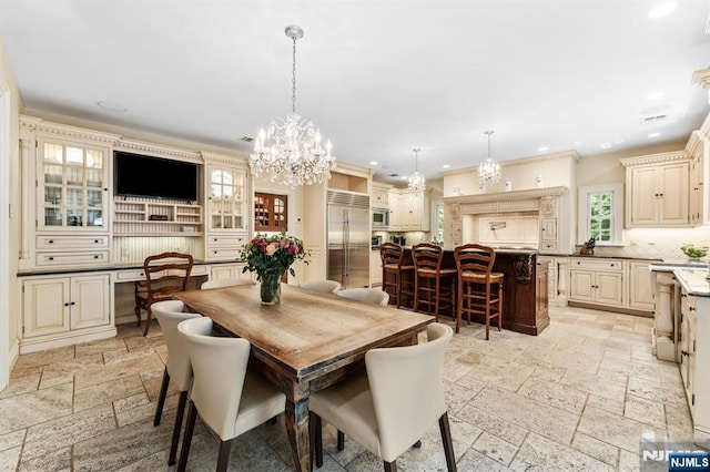 56 Knoll Rd, Tenafly, NJ 07670 - dining room featuring stone tile floors, recessed lighting, a chandelier, and ornamental molding