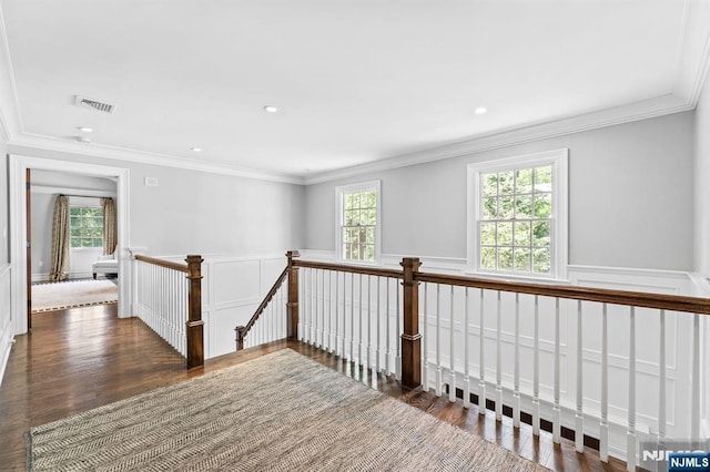 56 Knoll Rd, Tenafly, NJ 07670 - hallway featuring an upstairs landing, wood finished floors, crown molding, a wainscoted wall, and recessed lighting