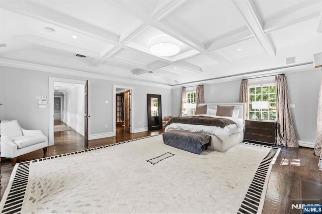 56 Knoll Rd, Tenafly, NJ 07670 - bedroom with wood finished floors, coffered ceiling, baseboards, beam ceiling, and recessed lighting