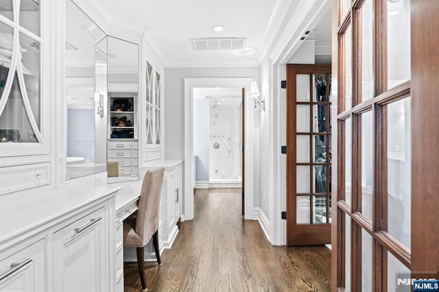 56 Knoll Rd, Tenafly, NJ 07670 - office area featuring dark wood-style flooring, ornamental molding, and recessed lighting
