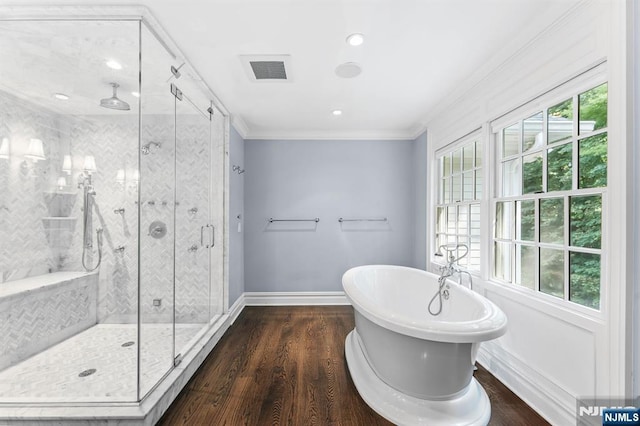 56 Knoll Rd, Tenafly, NJ 07670 - full bathroom with baseboards, ornamental molding, a stall shower, a soaking tub, and plenty of natural light