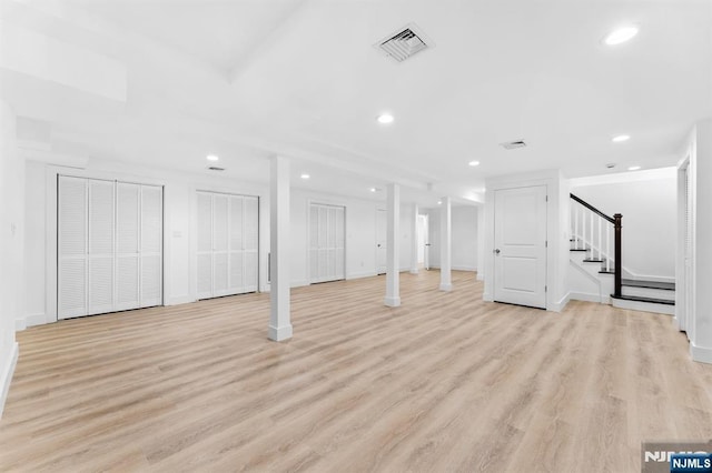 56 Knoll Rd, Tenafly, NJ 07670 - basement with stairs, recessed lighting, light wood-style flooring, and baseboards