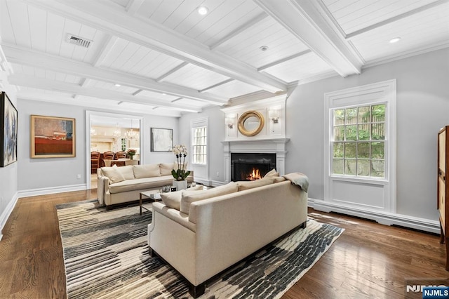56 Knoll Rd, Tenafly, NJ 07670 - living area with a lit fireplace, hardwood / wood-style flooring, baseboards, wood ceiling with exposed beams, and recessed lighting