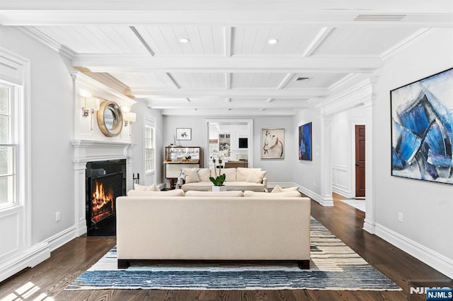 56 Knoll Rd, Tenafly, NJ 07670 - living room with a fireplace with flush hearth, baseboards, dark wood-style flooring, and beamed ceiling
