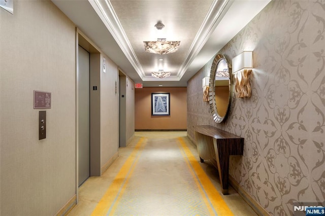 800 Palisade Ave Unit 1804, Fort Lee, NJ 07024 - hallway with a raised ceiling, baseboards, elevator, and concrete floors