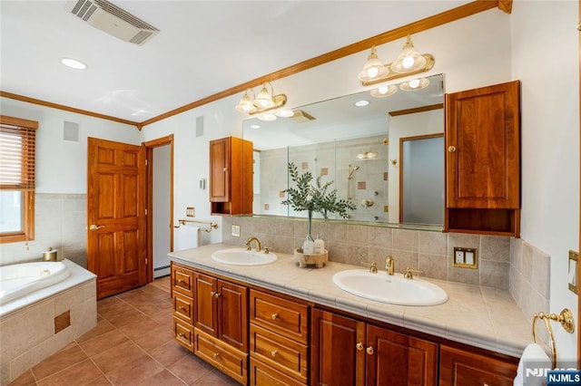 11 Hillcrest Blvd, Warren, NJ 07059 - bathroom with double vanity, a shower stall, tile patterned floors, a garden tub, and a baseboard heating unit