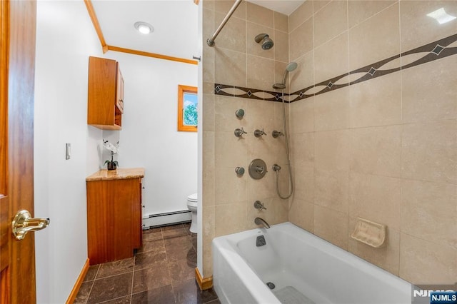 11 Hillcrest Blvd, Warren, NJ 07059 - bathroom with a baseboard radiator, toilet, baseboards, tub / shower combination, and crown molding