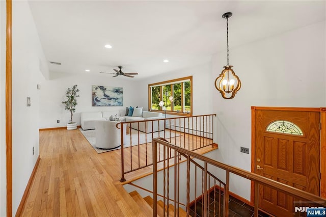 11 Hillcrest Blvd, Warren, NJ 07059 - entryway with light wood-type flooring, baseboards, recessed lighting, a chandelier, and a ceiling fan