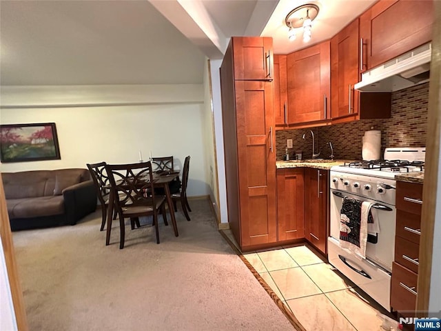3041 Edwin Unit 4E, Fort Lee, NJ 07024 - kitchen with white range with gas cooktop, a sink, under cabinet range hood, decorative backsplash, and light stone countertops