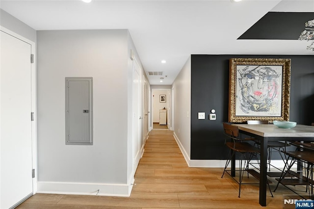 800 Jackson St Unit 505, Hoboken, NJ 07030 - hall with electric panel, recessed lighting, light wood-style floors, and baseboards