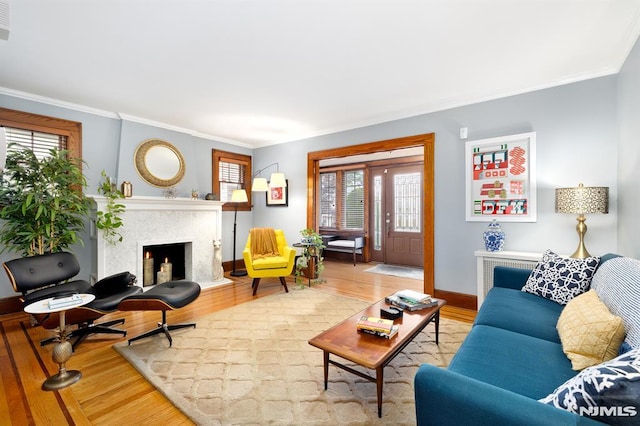 206 Eastern Way, Rutherford, NJ 07070 - living room with wood finished floors, a warm lit fireplace, and crown molding