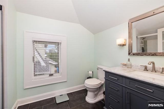 206 Eastern Way, Rutherford, NJ 07070 - full bathroom with lofted ceiling, vanity, tile patterned floors, and an enclosed shower
