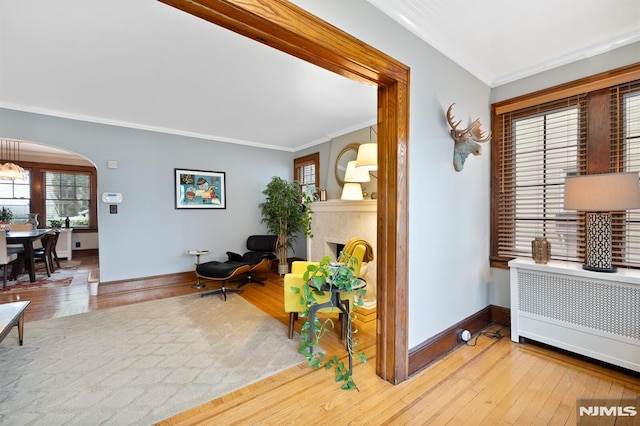 206 Eastern Way, Rutherford, NJ 07070 - sitting room featuring radiator heating unit, crown molding, wood-type flooring, arched walkways, and a fireplace