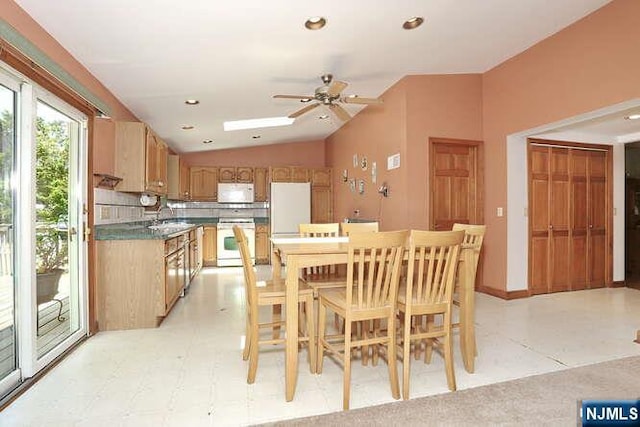 64 Lunn Ave, Bergenfield, NJ 07621 - dining room featuring ceiling fan, vaulted ceiling, light flooring, and recessed lighting