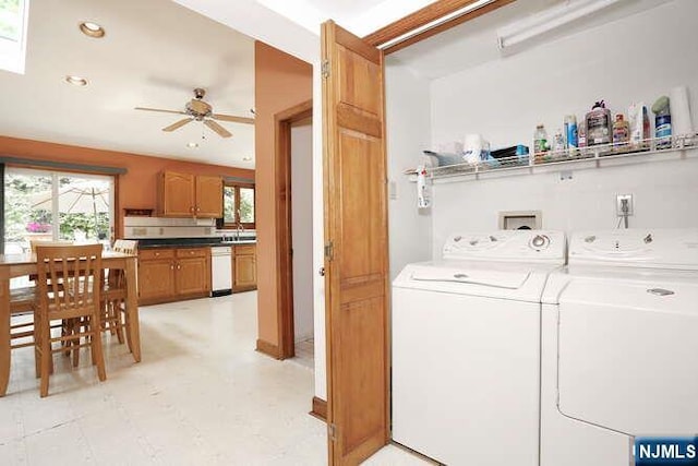64 Lunn Ave, Bergenfield, NJ 07621 - washroom with washing machine and dryer, ceiling fan, recessed lighting, and light flooring