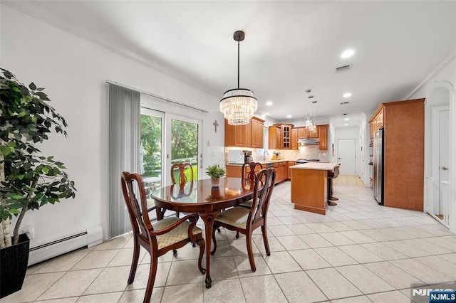 4 Michelle Ct, Harrington Park, NJ 07640 - dining space featuring a baseboard heating unit, crown molding, a chandelier, light tile patterned flooring, and recessed lighting