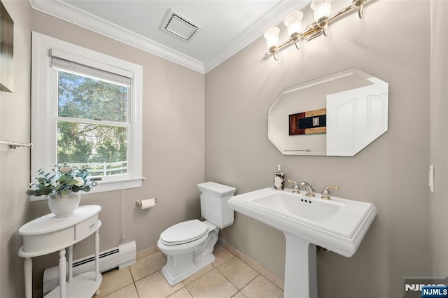 4 Michelle Ct, Harrington Park, NJ 07640 - bathroom featuring ornamental molding, toilet, baseboards, tile patterned flooring, and a baseboard heating unit