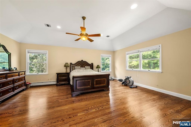 4 Michelle Ct, Harrington Park, NJ 07640 - bedroom featuring lofted ceiling, baseboard heating, dark wood-style floors, recessed lighting, and a ceiling fan