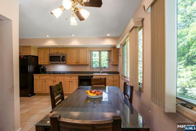 42 Lohs Pl, Harrington Park, NJ 07640 - kitchen with black appliances, a sink, light tile patterned floors, ceiling fan, and recessed lighting