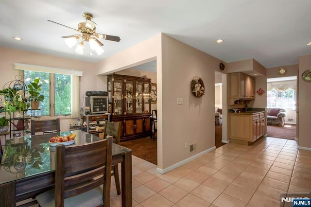 42 Lohs Pl, Harrington Park, NJ 07640 - dining space featuring ceiling fan, light tile patterned floors, baseboards, and recessed lighting
