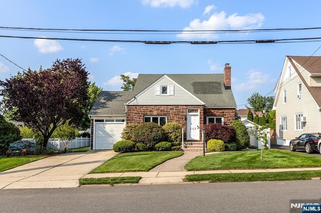 211 Harrison Ave, Hasbrouck Heights, NJ 07604 - view of front facade featuring a garage, stone siding, driveway, a chimney, and roof with shingles