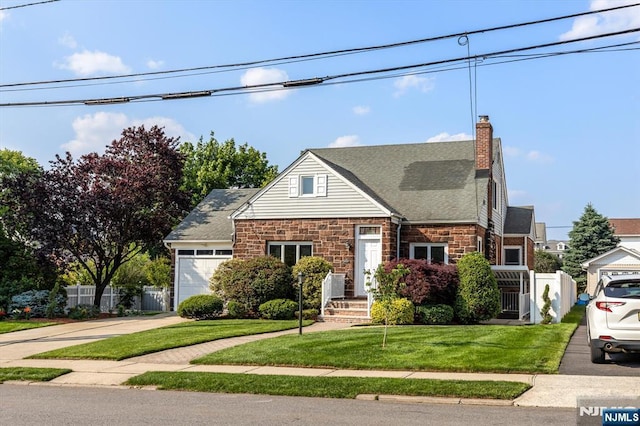 211 Harrison Ave, Hasbrouck Heights, NJ 07604 - view of front of house with a chimney, an attached garage, stone siding, and roof with shingles