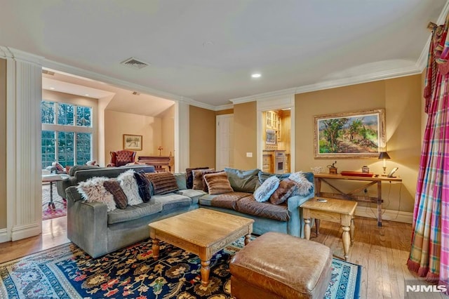 717 Ashmont Rd, Franklin Lakes, NJ 07417 - living room featuring baseboards, crown molding, wood finished floors, and recessed lighting