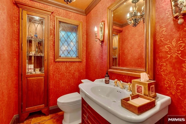 717 Ashmont Rd, Franklin Lakes, NJ 07417 - half bath featuring vanity, wallpapered walls, crown molding, and toilet