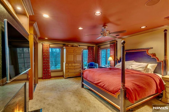 717 Ashmont Rd, Franklin Lakes, NJ 07417 - carpeted bedroom featuring ornamental molding, recessed lighting, baseboards, and a ceiling fan