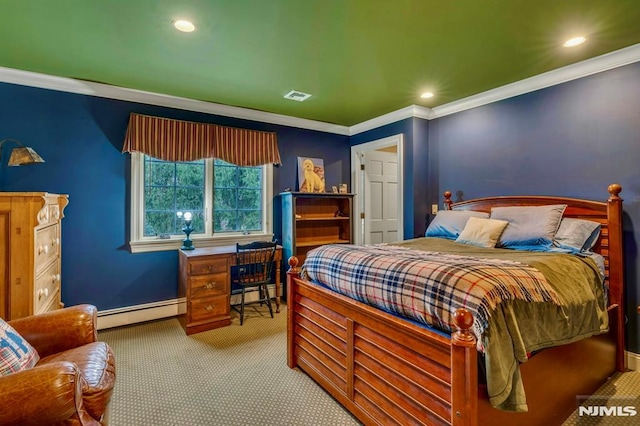 717 Ashmont Rd, Franklin Lakes, NJ 07417 - bedroom with baseboard heating, carpet flooring, ornamental molding, recessed lighting, and baseboards