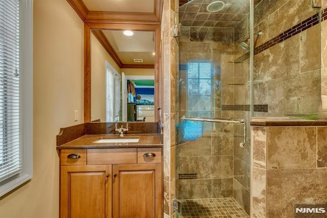 717 Ashmont Rd, Franklin Lakes, NJ 07417 - full bathroom with crown molding, a shower stall, and vanity