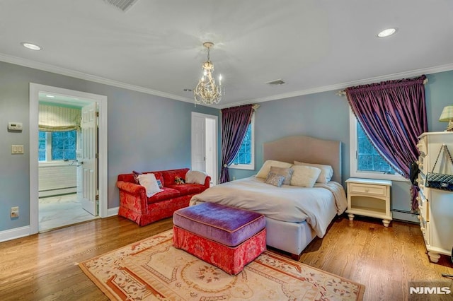 717 Ashmont Rd, Franklin Lakes, NJ 07417 - bedroom featuring a baseboard heating unit, crown molding, wood finished floors, baseboards, and a chandelier