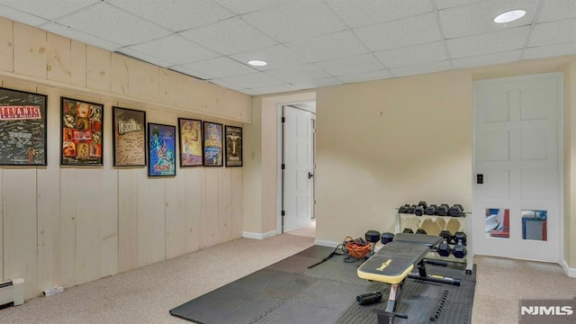 717 Ashmont Rd, Franklin Lakes, NJ 07417 - exercise room featuring carpet floors, baseboard heating, a paneled ceiling, recessed lighting, and baseboards