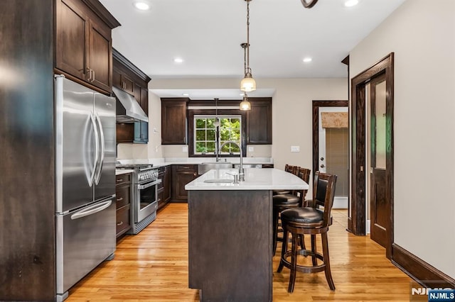 67 Woodland Rd, Bloomfield, NJ 07003 - kitchen featuring appliances with stainless steel finishes, under cabinet range hood, a sink, dark brown cabinets, and light wood-style floors