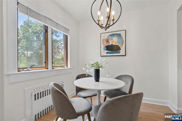 530 Broad Ave Unit 2, Englewood, NJ 07631 - dining area featuring baseboards, wood finished floors, a chandelier, and radiator heating unit