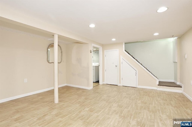 408 Terhune Ave, Paramus, NJ 07652 - finished basement with stairway, recessed lighting, baseboards, light wood-type flooring, and washer / clothes dryer