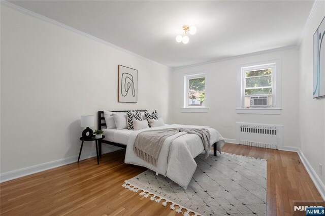 530 Broad Ave Unit 17, Englewood, NJ 07631 - bedroom featuring radiator heating unit, ornamental molding, light wood-style flooring, baseboards, and cooling unit