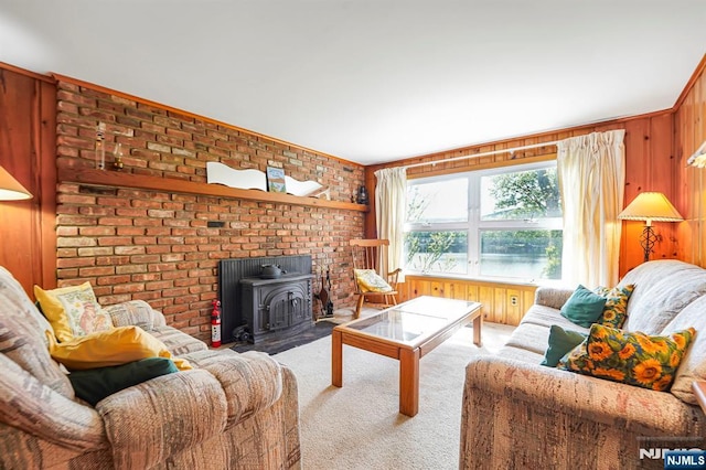 40 Shore Dr, Newton, NJ 07860 - living area with a wood stove, light carpet, and wooden walls