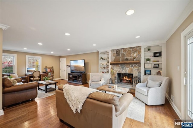 14 Old Chimney Rd, Randolph Township, NJ 07869 - living room with light wood-style floors, baseboards, a fireplace, recessed lighting, and built in features