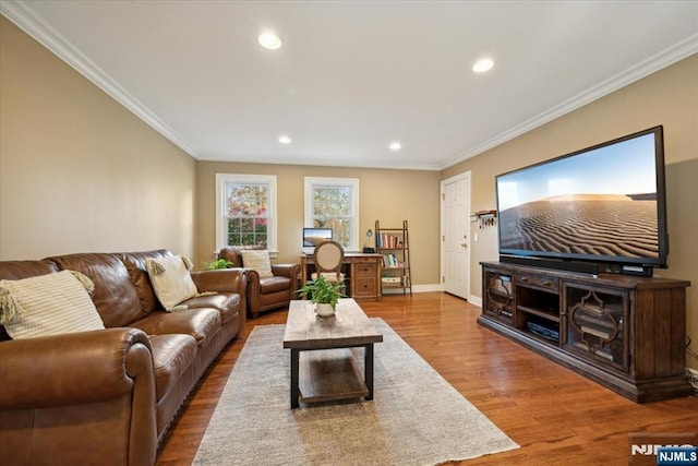 14 Old Chimney Rd, Randolph Township, NJ 07869 - living room featuring crown molding, wood finished floors, recessed lighting, and baseboards