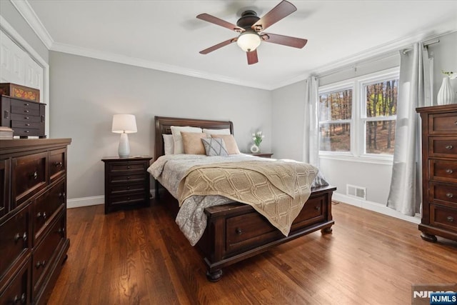 14 Old Chimney Rd, Randolph Township, NJ 07869 - bedroom featuring baseboards, dark wood-style floors, crown molding, and a ceiling fan