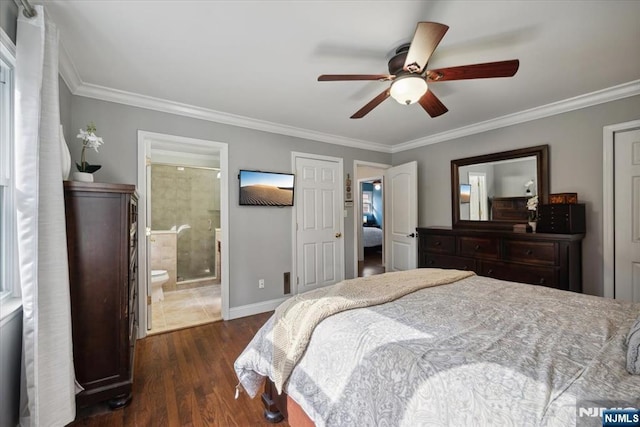 14 Old Chimney Rd, Randolph Township, NJ 07869 - bedroom with ornamental molding, dark wood finished floors, baseboards, ceiling fan, and connected bathroom