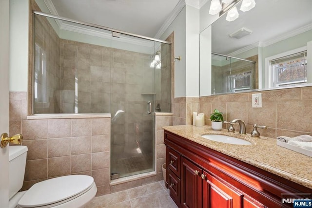 14 Old Chimney Rd, Randolph Township, NJ 07869 - full bath featuring ornamental molding, toilet, tile walls, vanity, and tile patterned floors