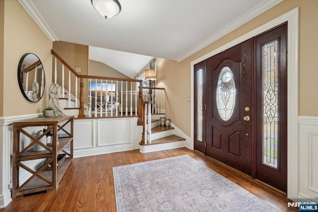14 Old Chimney Rd, Randolph Township, NJ 07869 - entryway with stairway, wood finished floors, healthy amount of natural light, lofted ceiling, and ornamental molding