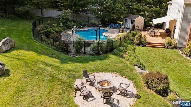 14 Old Chimney Rd, Randolph Township, NJ 07869 - view of pool featuring a fire pit and a wooden deck