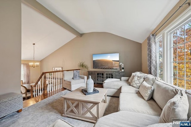 14 Old Chimney Rd, Randolph Township, NJ 07869 - living area with a chandelier, wood finished floors, and vaulted ceiling