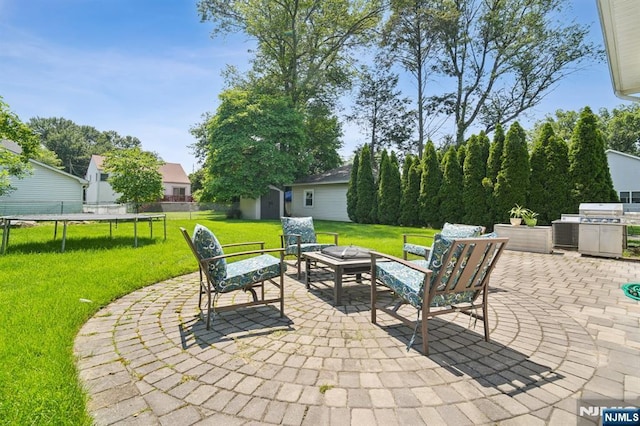 19 Grandview Ave, Glen Rock, NJ 07452 - view of patio with a trampoline, an outdoor fire pit, and area for grilling