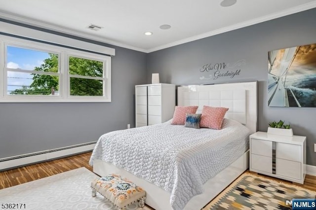 3-11 Lyncrest Ave, Fair Lawn, NJ 07410 - bedroom featuring crown molding, wood finished floors, a baseboard radiator, baseboards, and recessed lighting